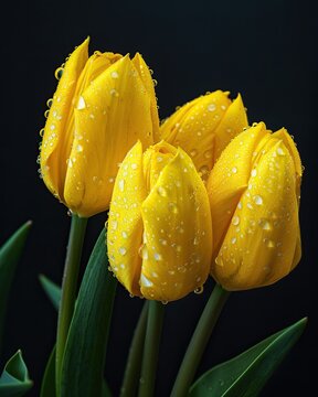 Unbloomed Yellow Tulip with water droplets on black background
