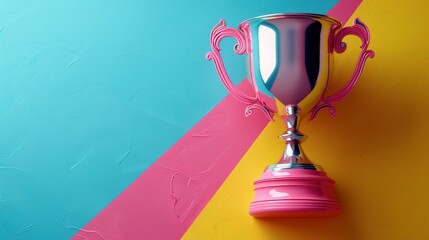 Colorful Trophy on Vibrant Abstract Background. Flat design trophy, top view, 3D render, pastel colors