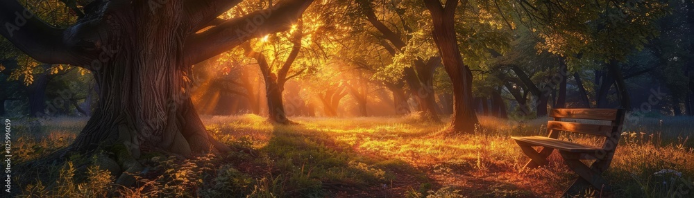 Aufkleber Enchanting forest scene with sunbeams streaming through the trees and an empty bench, evoking tranquility and natural beauty.