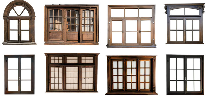 Collection of vintage wooden house window frames, showcasing various designs and styles. The frames include different shapes such as rectangular, arched, and segmented windows. - Powered by Adobe