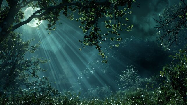 A tranquil forest scene under the full moon, with moonbeams piercing through the branches, illuminating the misty undergrowth.