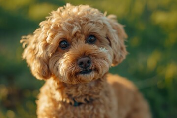 An adorable dog is captured looking up at the camera with wide, expressive eyes full of curiosity and affection. The background is softly blurred.