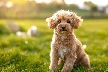 An adorable dog is captured looking up at the camera with wide, expressive eyes full of curiosity and affection. The background is softly blurred.