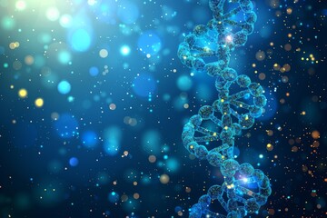 Spectacular 3D rendering of a DNA helix with sparkling blue and gold particles, capturing the essence of genetic engineering and molecular biology in a high resolution graphic