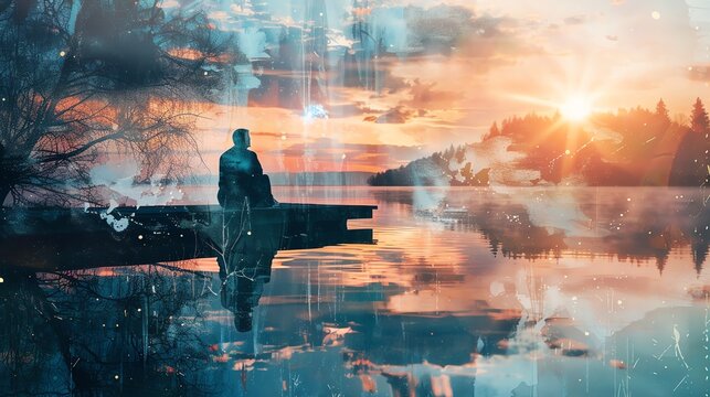 A lone figure stands on a dock, silhouetted against a vibrant sunset over a tranquil lake. The image is abstract and dreamlike, with soft colors and hazy textures.