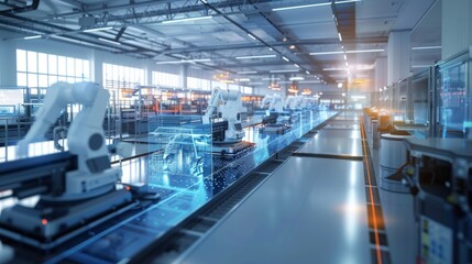 futuristic AI powered factory or production line