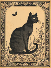 Framed engraved vintage cat halloween illustration