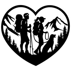 Fototapeta premium Heart-shaped silhouette illustration of a mountaineering couple with a dog in a mountainous landscape. It is a symbol of adventure and love of nature.