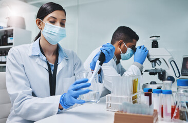 People, face mask and scientist or research team, medical laboratory and innovation or healthcare...