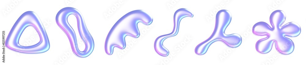Poster holographic liquid y2k shape. 3d render illustration set of abstract fluid metal graphic objects of 