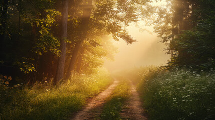 Obraz premium Sunlit forest path during early morning golden hour