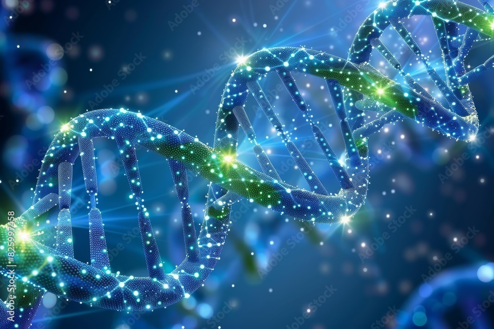 Poster mesmerizing 3d rendering of a dna double helix with blue and green glowing particles, capturing the 