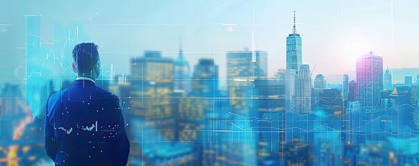 Businessman overlooking cityscape with data and graphs, representing financial growth, progress, and future business opportunities.