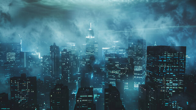 Fototapeta Misty city skyline with illuminated high-rise buildings at night