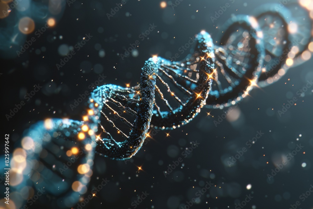 Poster artistic 3d rendering of a dna double helix with blue and orange particles, symbolizing the fusion o