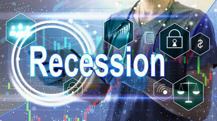 virtual touch screen of future and sees word: recession. Currency Depreciation Concept. Financial...