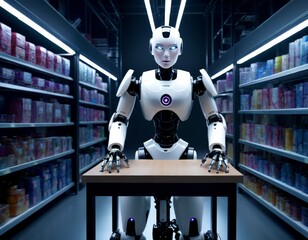 Fototapeta premium An autonomous service robot assists with inventory and customer service in a well-lit supermarket aisle.. AI Generation