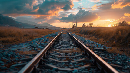 Railroad tracks at sunset with scenic countryside landscape - Powered by Adobe