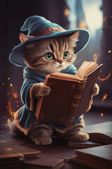 A whimsical illustration of a small, anthropomorphic tabby cat, adorned in a blue wizard's hat and robe, delving into the pages

of a mysterious, ornate brown book