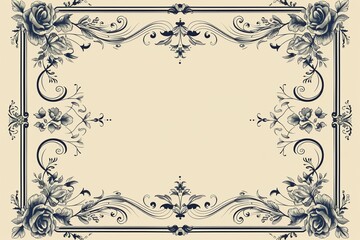A dark blue, vintage-style border frame adorned with delicate swirls and elegant roses on a creamy beige background.