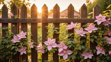Pink clematis flowers growing on a wooden fence - Powered by Adobe