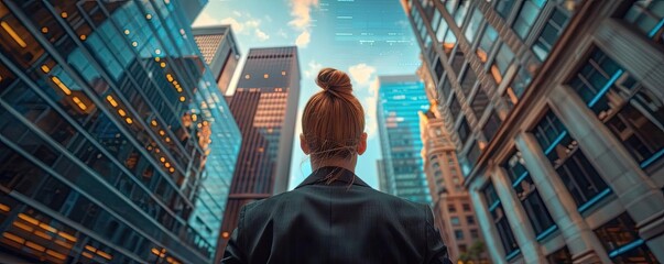 Woman looking up at modern skyscrapers in an urban cityscape, admiring the architecture and tall buildings at sunset.