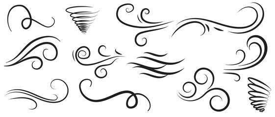 Doodle wind line sketch set. Hand drawn doodle wind motion, air blow, swirl elements. Sketch drawn air blow motion, smoke flow art, abstract line. Vector illustration. Isolated on white background .