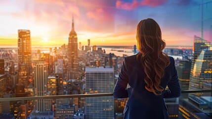 Fototapeta na wymiar Back view of a businesswoman overlooking the New York City skyline at sunset from a high-rise office with a stunning panoramic view.