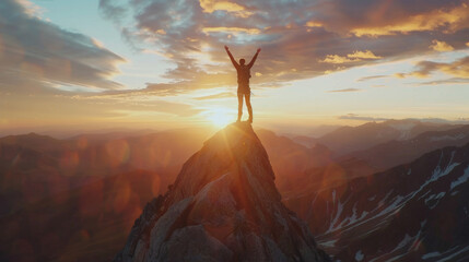 Victorious hiker celebrates success atop a mountain at sunset.