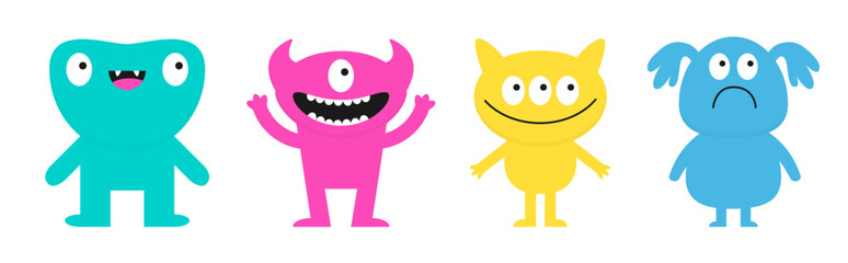 Fototapeta premium Four monster set line. Happy Halloween. Cute kawaii cartoon funny boo character. Colorful silhouette monsters. Different face. Teeth, eyes, hands. Childish style. Flat design. White background. Vector