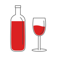 Red wine bottle and wine glass set. Black contour outline icon. Food and drink concept. Minimal line flat design. Shining glossy utensils. Menu template. White background Isolated. Vector illustration