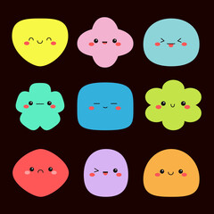 Happy Halloween. Different shape monsters. Kawaii monster face icon set. Cute cartoon funny baby character. Colorful silhouette. Sticker print. Eyes cheeks, mouth. Flat design. Black background Vector