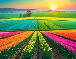 A breathtaking sunset casts warm light over rows of colorful tulips, with a picturesque rural landscape as the backdrop.. AI Generation