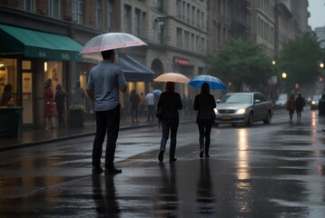 Obraz premium Rainy day, people walking under umbrellas on the street in the rain