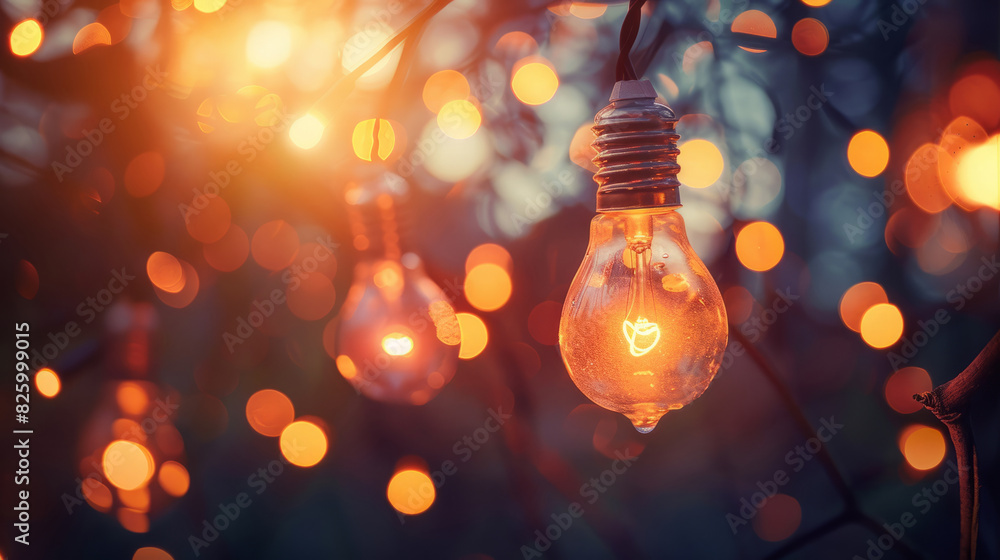 Poster close-up of illuminated light bulbs with bokeh background