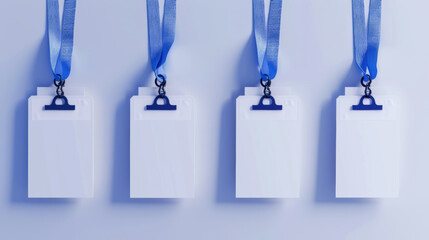 Blank badges with blue lanyards isolated on a clean white backdrop.