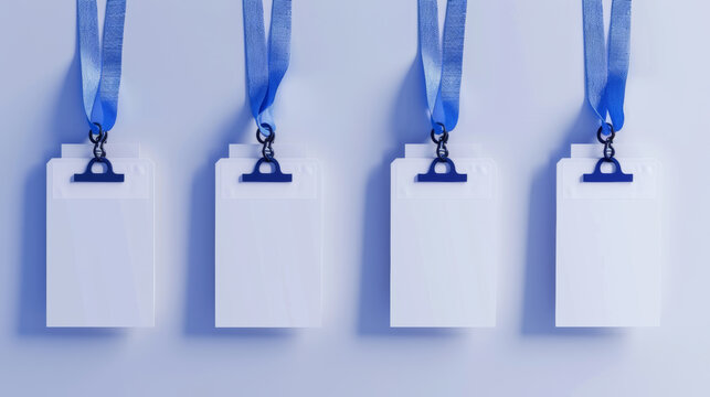 Blank badges with blue lanyards isolated on a clean white backdrop.