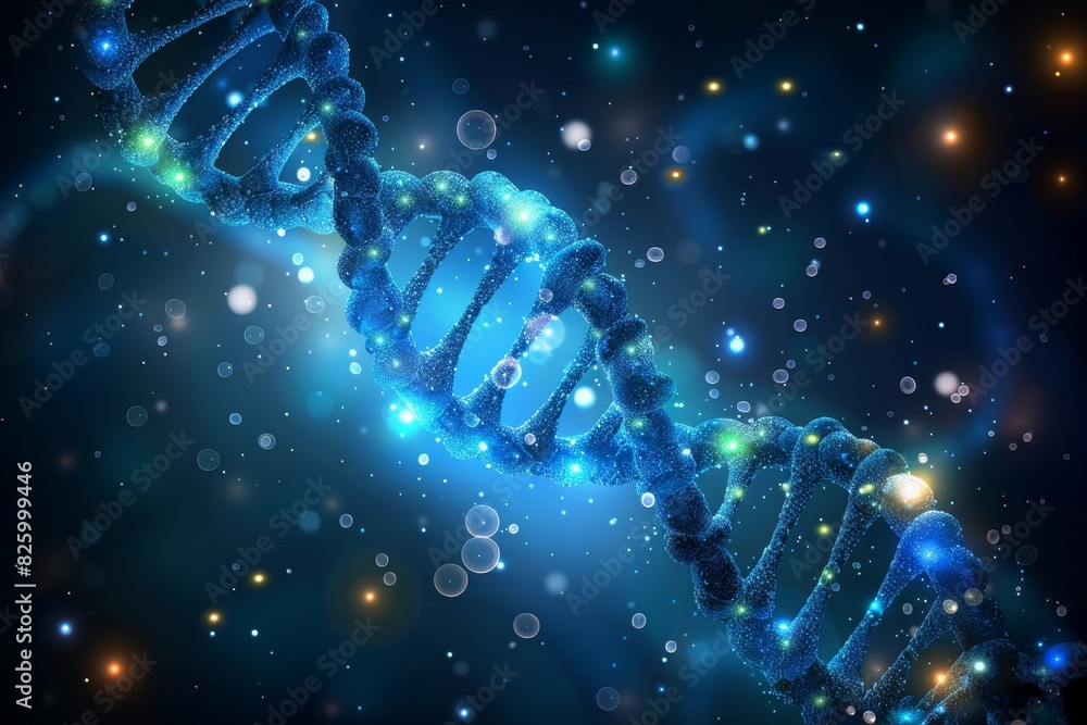 Poster close up 3d illustration of a dna double helix with sparkling particles, highlighting the detailed a