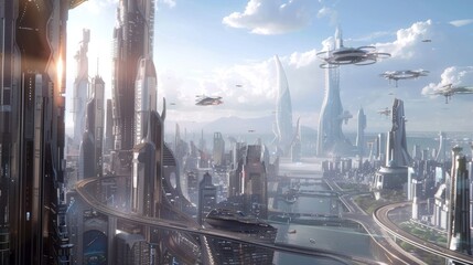 A futuristic city skyline with hover vehicles and drones