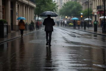 Rainy day, people walking under umbrellas on the street in the rain