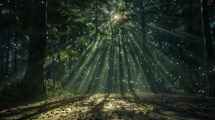 Moonlight filtering through a thick forest canopy, creating a mesmerizing pattern of light and shadow on the ground below.