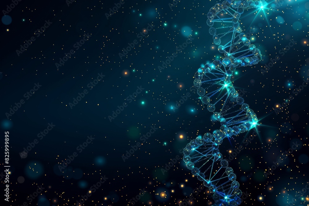 Poster artistic 3d rendering of a dna double helix with blue and orange particles, symbolizing the fusion o
