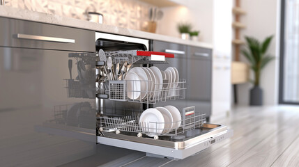 Clean Kitchen Utensils in Dishwasher on Modern Background