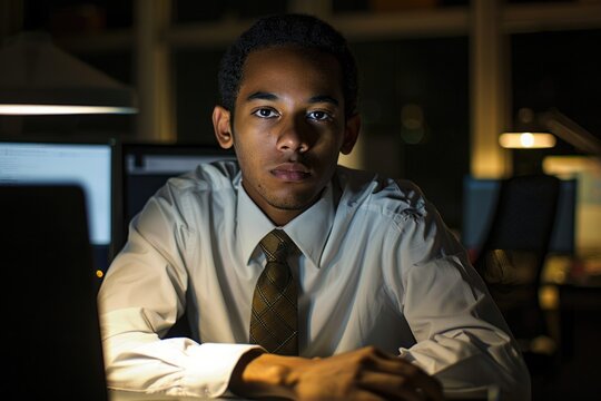Biracial Businessman Working Late at Office with Computers and Laptop
