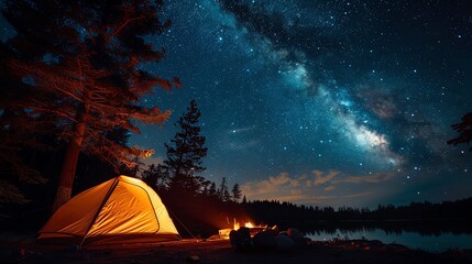 Campfire under a starry night sky