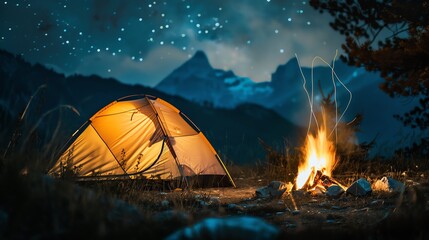 Campsite under starry night sky with tent and campfire