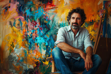 Male artist in colorful studio with abstract paintings
