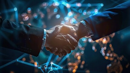 Close-up of a handshake between two businessmen with a futuristic digital network background, symbolizing a successful partnership.