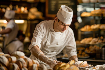 Young baker preparing fresh pastries in a busy bakery kitchen
