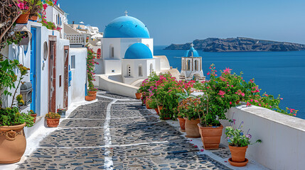 The Greek island of Santorini is picturesque, with its iconic white buildings and blue domes overlooking the sea. The cobbled streets are lined with traditional floral courtyards